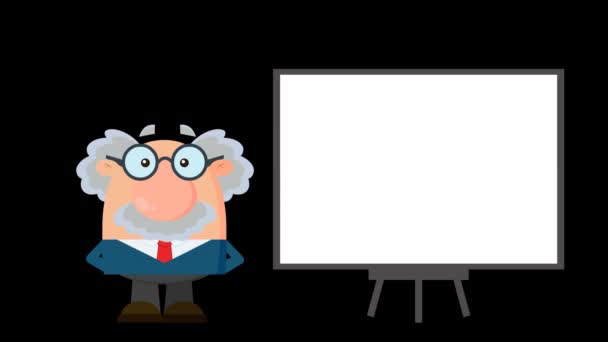 Professzor vagy tudós rajzfilmfigura mutatóval egy táblán. 4K Animation Video Motion Grafika háttér nélkül - Felvétel, videó