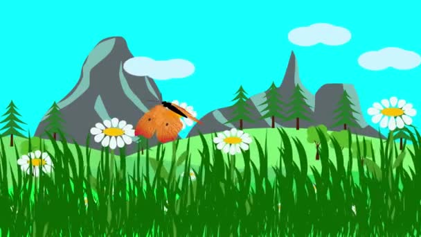 Paisaje de dibujos animados, animación de temporada de primavera con flores y mariposas - Imágenes, Vídeo
