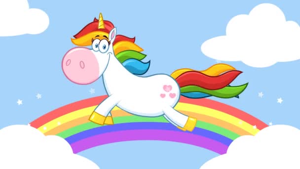 Sorrindo mágica unicórnio Cartoon mascote personagem correndo em torno do arco-íris com nuvens. Gráficos de movimento de vídeo de animação 4K com fundo - Filmagem, Vídeo