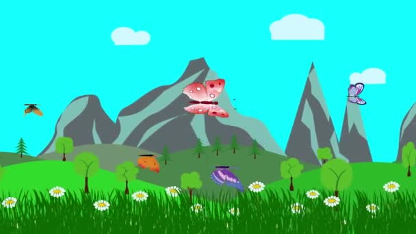 Kreslená krajina, jarní animace s květinami a motýlem - Záběry, video