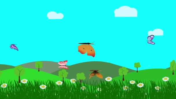Мультфильм Пейзаж, весенняя анимация с цветами и бабочкой - Кадры, видео