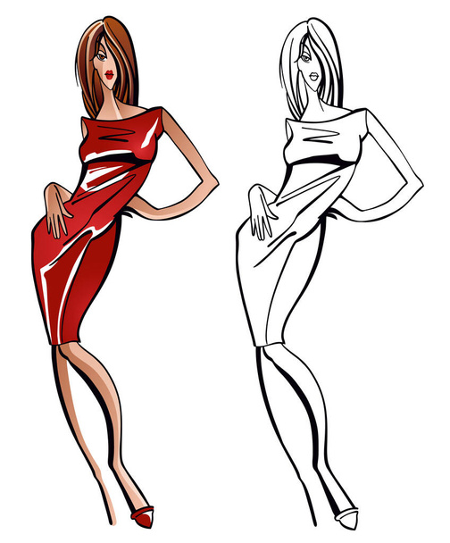 Vector fashion illustration of young model girl, wearing trendy red dress. Hand drawn isolated figure on white background, colorful and outlined, for cusrom design and print. - Vector, Image