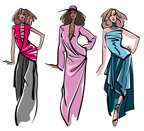 Joukko vektori muoti kuva ryhmä latinan ja afrikkalainen malli naiset, yllään trendikkäitä vaatteita. Kokoelma käsin piirretty yksittäisiä lukuja valkoisella pohjalla, kylmillä väreillä.  - Vektori, kuva