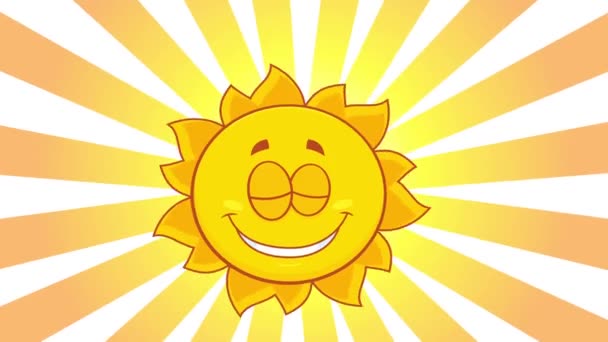 Happy Yellow Sun personaggio dei cartoni animati Winking. Grafica video di animazione 4K con sfondo Sunburst - Filmati, video
