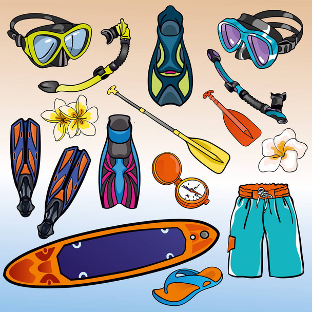 Dalış, sörf ve yüzme için vektör çizimleri: paletler, maskeler; kürek. Yaz tatili ya da gezi havası. Özel tasarım, baskı ve çıkartmalar için renkli el çizimleri. - Vektör, Görsel
