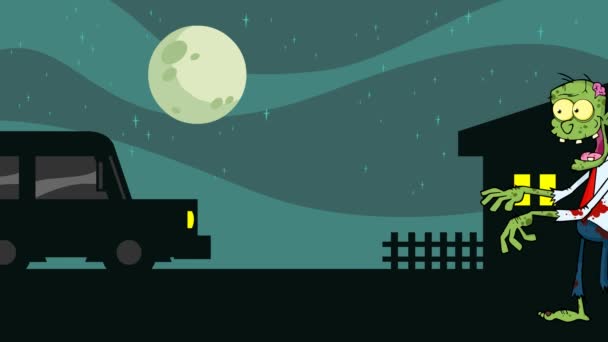Зомбі мультфільм персонаж ходити з руками попереду вночі. 4K анімація відео графіка руху без фону
 - Кадри, відео