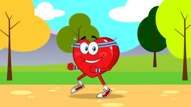 Zdravé srdce karikatura postavy jogging v parku. 4K Animation Video Motion Graphics with Landscape Background - Záběry, video