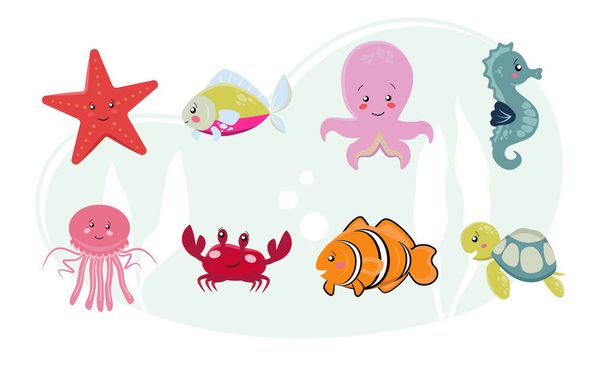 Zeeleven, zeedieren in een platte stijl geïsoleerd op een witte achtergrond - Vector, afbeelding