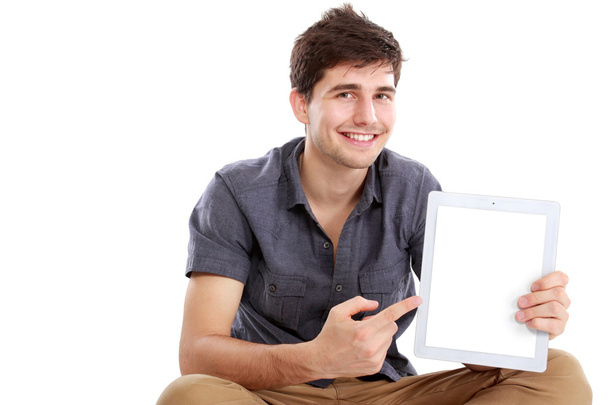 Man showing screen of digital tablet - 写真・画像
