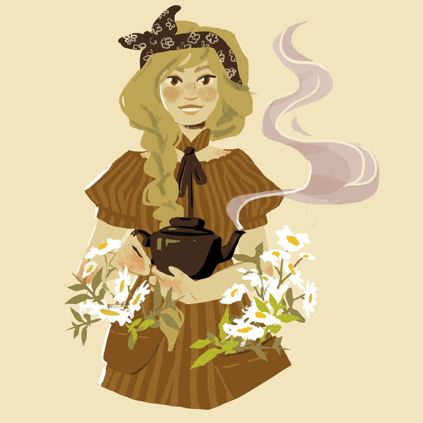 Charakter stylowej młodej dziewczyny z długimi blond włosami plecionymi w warkocz, w retro sukience z kieszeniami z wystającymi kwiatami stokrotki, dziewczyny trzymającej dzbanek z gorącą herbatą w rękach - Zdjęcie, obraz