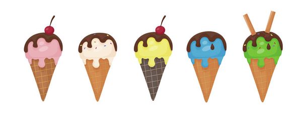 Παγωτό. Μπάλες διαφόρων χρωμάτων λιωμένου παγωτού σε κώνο βάφλας. Μαύρη σοκολάτα, καλαμάκια, κεράσια, μπισκότα και γλυκά τρούφα. Αγαπημένο νόστιμο επιδόρπιο. Επίπεδο διάνυσμα. - Διάνυσμα, εικόνα