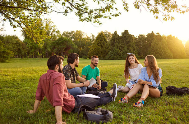 A group of young people students communicate sitting on the grass in a summer park. Friends relax in their free time. - Фото, зображення