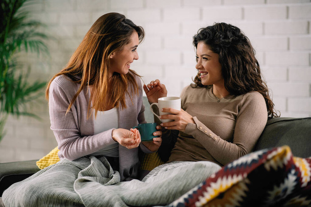 Οι γυναίκες καλύτερες φίλες διασκεδάζουν πίνοντας τσάι στον καναπέ - Φωτογραφία, εικόνα