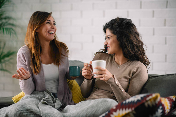 Feminino melhores amigos se divertindo enquanto bebe chá no sofá - Foto, Imagem