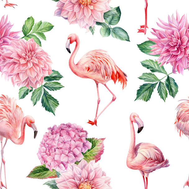 Watercolor seamless pattern. Pink flamingo and flowers isolated background, watercolor illustration. - Fotó, kép