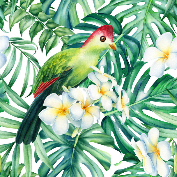 熱帯の鳥やヤシの葉、プルメリアの花。シームレスなパターン。水彩の背景の質感、シームレスなパターン  - 写真・画像