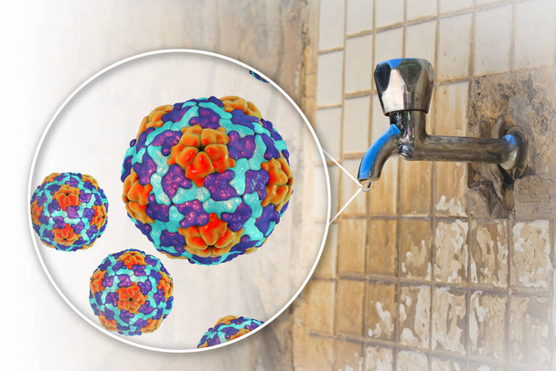 Sicherheitskonzept Trinkwasser, 3D-Illustration mit Hepatitis-A-Viren, die das Trinkwasser verunreinigen - Foto, Bild