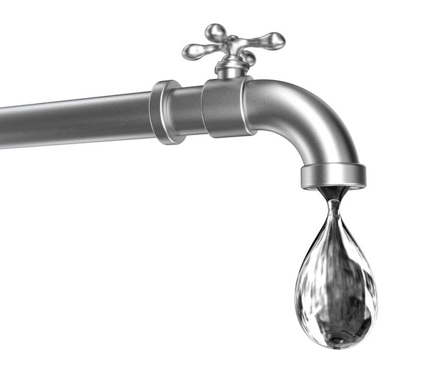 İçme suyu konsepti, su damlasıyla musluğu gösteren 3 boyutlu illüstrasyon - Fotoğraf, Görsel