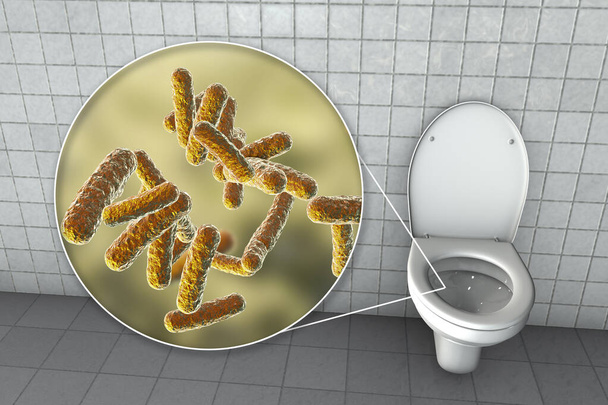 Toaletowe mikroby, konceptualna ilustracja 3D. Transmisja infekcji biegunkowych. Widok z bliska bakterii przenoszonych przez mechanizm kału-jamy ustnej, takich jak Escherichia coli, Salmonella, Shigella i inne - Zdjęcie, obraz