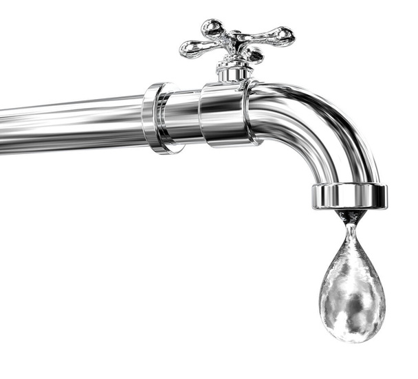 İçme suyu konsepti, su damlasıyla musluğu gösteren 3 boyutlu illüstrasyon - Fotoğraf, Görsel