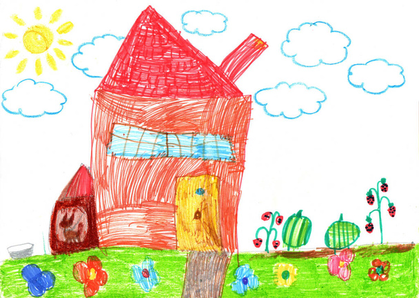 Детский рисунок загородного дома. Карандашное искусство в детском стиле - Фото, изображение