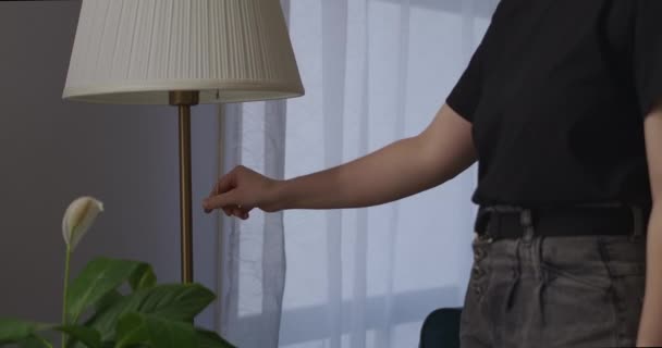 young woman is switching on floor lamp in living room at evening, detail shot, interior and furniture of room - Footage, Video