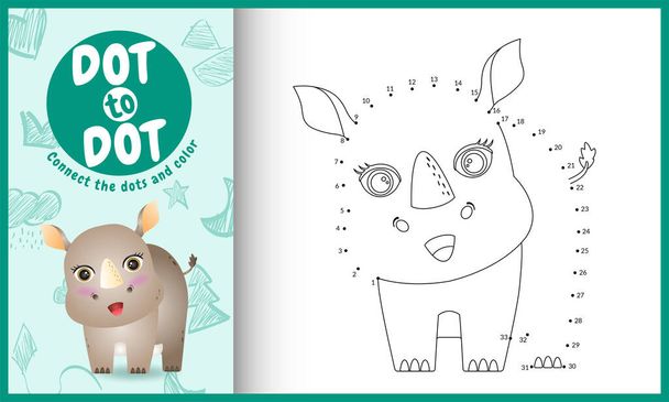 Коннектикут точки детская игра и раскраска страницы с милой иллюстрацией персонажа носорога - Вектор,изображение