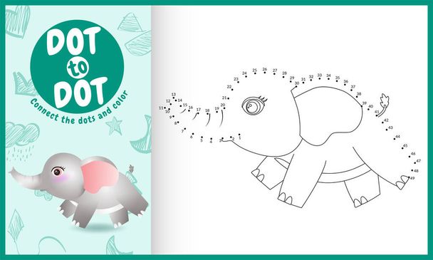 Verbind de dots kids spel en kleurplaat met een leuke olifant karakter illustratie - Vector, afbeelding