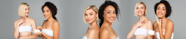 Collage of multicultural women in white tops smiling and applying cosmetic cream isolated on grey, banner  - Photo, Image