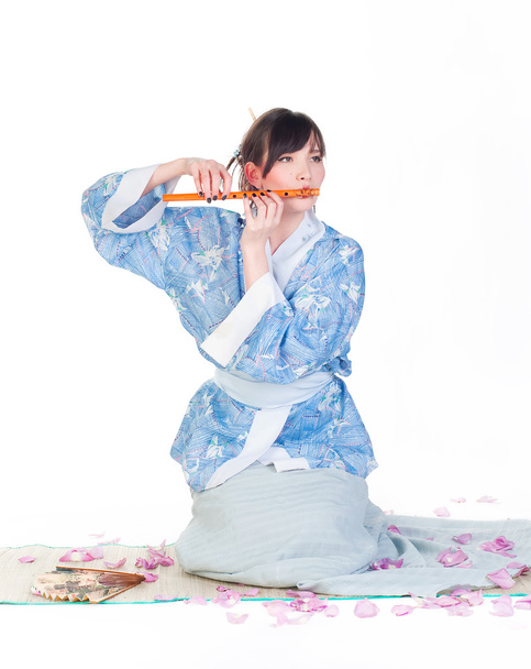 Geisha in blue kimono - Φωτογραφία, εικόνα
