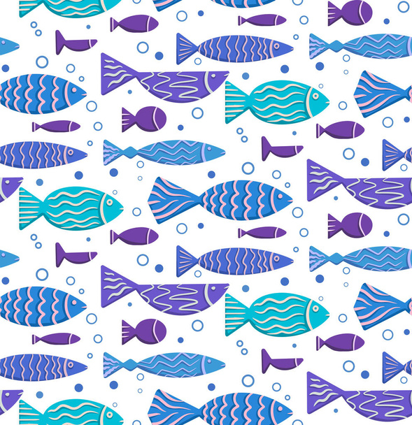 Seamless boho flat pattern with doodle fishes and bubbles floating to the right on white background. Underwater lagoon world. Vector child texture for fabrics, wallpapers and your creativity - Vektori, kuva