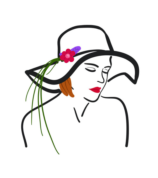 Portrait of beautiful dreaming young woman in hat. Vector illustration - Vector, Image