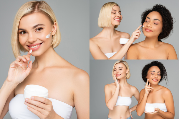 Collage multiethnischer Frauen, die kosmetische Creme isoliert auf grau auftragen  - Foto, Bild