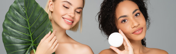 Young multicultural women holding cosmetic cream and tropical leaf isolated on grey, banner  - Photo, Image
