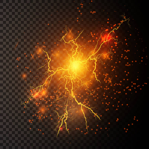Realistic lightning bolts on a black transparent background. the charge of energy is powerful.Accumulation of electric orange and blue charges.A natural phenomenon. Magic effect. - Vector, Image