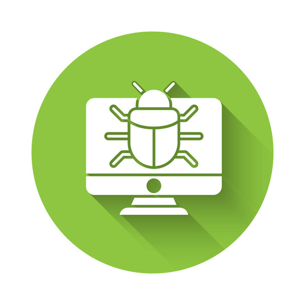 White System bug on monitor icon isolated with long shadow. Code bug concept. Bug in the system. Bug searching. Green circle button. Vector. - Vektor, Bild