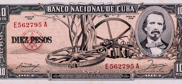 Carlos Manuel de Cespedes e le rovine dello zuccherificio Demajagua. Ritratto da Cuba 10 Pesos 1960 Banconote. - Foto, immagini
