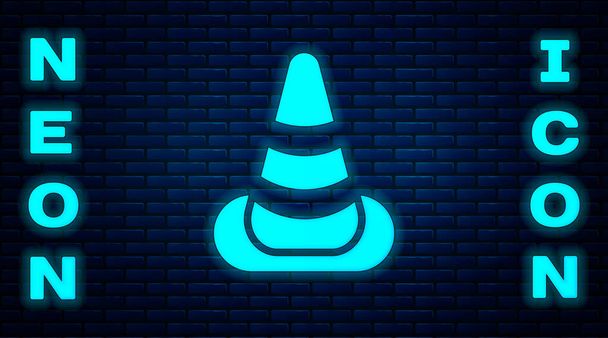 Glowing neon Traffic cone icon isolated on brick wall background.  Vector. - Vector, Image