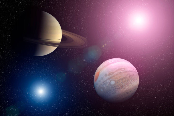 Velká spojka: Jupiter a Saturn. Jupiter a Saturn se setkávají v kosmické sluneční soustavě. Prvky tohoto snímku poskytla NASA. - Fotografie, Obrázek