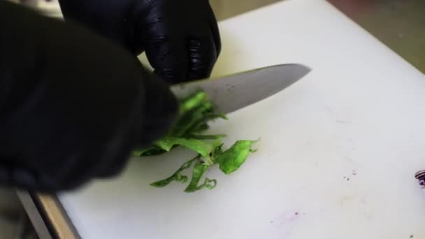 Gemüse mit einem Metallmesser auf einem weißen Schneidebrett schneiden. Kochen in der Küche. - Filmmaterial, Video