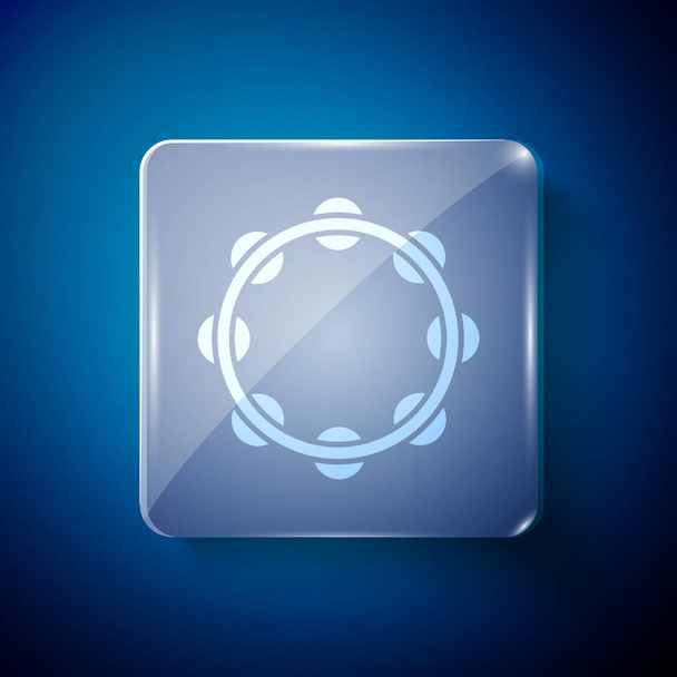 Blanc Instrument de musique percussion tambourin, avec des plaques métalliques icône isolée sur fond bleu. Panneaux carrés en verre. Vecteur. - Vecteur, image