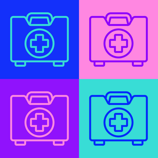 Pop art lijn EHBO kit pictogram geïsoleerd op kleur achtergrond. Medische doos met kruis. Medische apparatuur voor noodgevallen. Gezondheidszorg concept. Vector Illustratie. - Vector, afbeelding