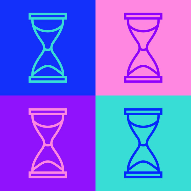 Pop art line Staré přesýpací hodiny s tekoucí pískovou ikonou izolované na barevném pozadí. Pískové hodiny. Obchodní a časová koncepce. Vektor. - Vektor, obrázek
