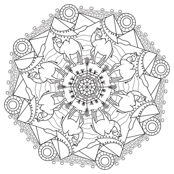 Mandala coloring page for children and adults animals: a camel in the desert with mountains, sun and pyramids in the background - Photo, Image