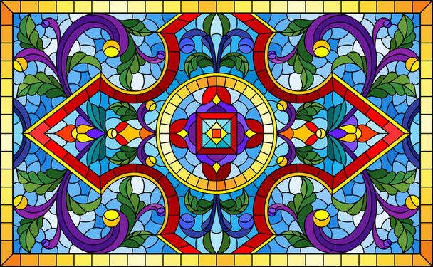 抽象的な花、葉や青の背景にカールを持つステンドグラスのスタイルでイラスト、長方形の水平画像 - ベクター画像