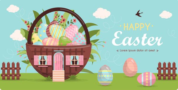 A set of brightly painted Easter eggs and a cute little house in flowers. Vector illustration with a happy Easter wish. Template for a postcard, invitation, ad or banner. A bright, cute illustration - Vektör, Görsel