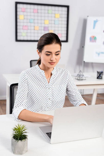 businesswoman typing on laptop on desk in office - Фото, изображение