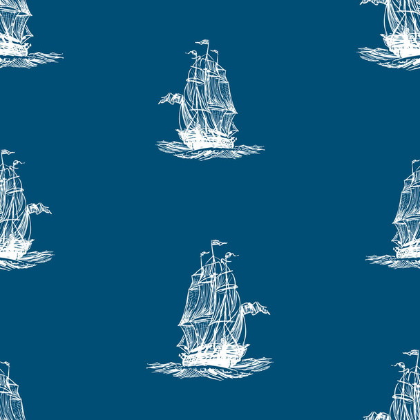 Seamless background of sketches ancient sailing ship in the sea - Vector, imagen