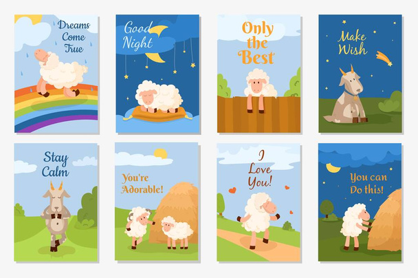 Set of cute fun postcards with sheep, rams and goats. Vector illustration is made in flat style. Posters for wishes. Postcards for love, hospitality, curiosity, dreaminess, confidence and purposefulness. Night and day posters.  - Vector, Image