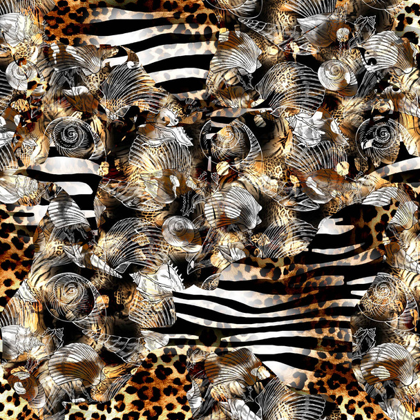 Stoffmuster, Kissendesigns, Kleidermuster, Leoparden, Camouflage, Zebra, Barock und Kombinationsmuster. - Foto, Bild
